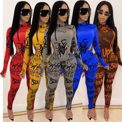 China Wholesale QUICK DRY Fashion High Collar Long Sleeve Letter Print Jumpsuit Overalls Pencil Panty Set Two Piece Women Clothing for sale