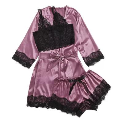 China Wholesale Breathable Women Four Pieces Sling Pajamas Home Sleepwear Satin Lace Silk Elegant Pajamas Set for sale