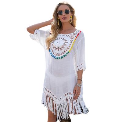 China Plus Size Women's Dress 2021 Summer Swimsuit Crochet beach swimsuit V-neck tassel 3/4 sleeve swimsuit tight tunic for sale