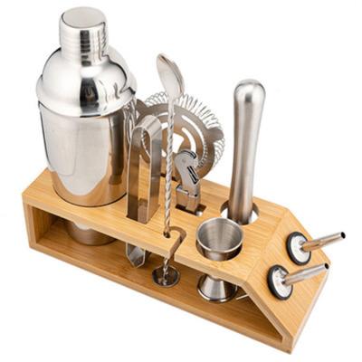 China Sustainable Custom Bartender Kit Bar Set Stainless Steel 750ml Cocktail Shaker Set With Bamboo Stand for sale