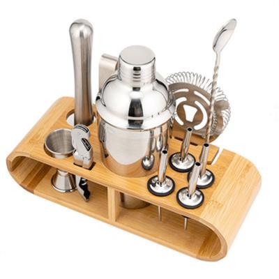 China Viable Custom Bar Equipment Shaker Set With Bamboo Logo Professional Barware Silver Stainless Steel Cocktail Stand for sale