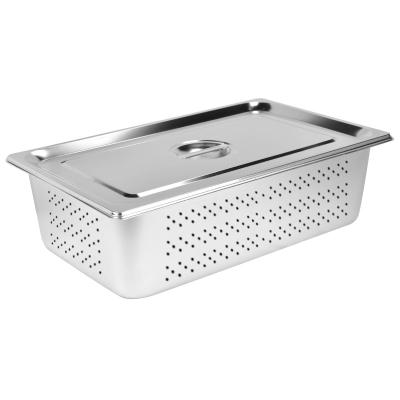 China 1/1 Perforated Commercial Food Gastronomy Kitchen Shatterproof Stainless Steel 4in 100mm With Center Handle Lid for sale