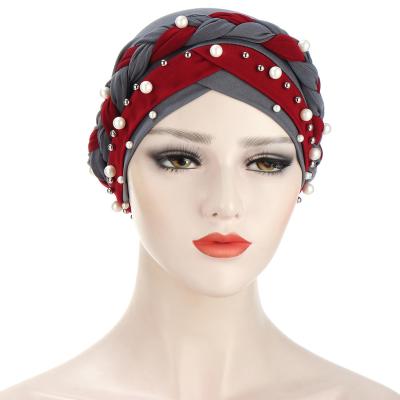 China Hot Selling Milk Silk/Polyester Pearl Gold/White Flower Like Polyester Milk Printed Chemo Hat Women Muslim Pearl Turban Cap Cancer Braid Turban Wrap Turban Head Hat for sale