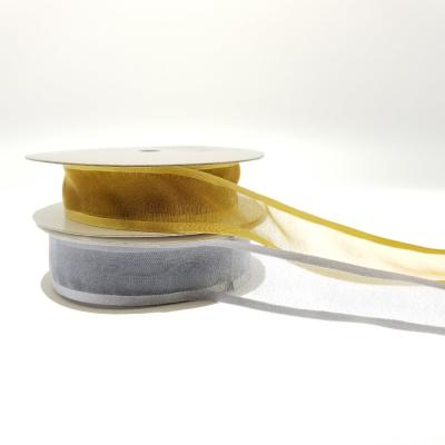 China Sheer Smug Organza Ribbon With Gold Edged Silver Edges Lace Up Solid Sliver Ribbon for sale