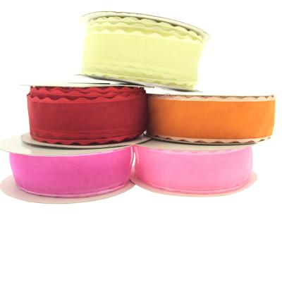 China Custom Design Polyester Color Gift Wrap Ribbon Woven Custom Sheer Satin Cut Edged Ribbon for sale