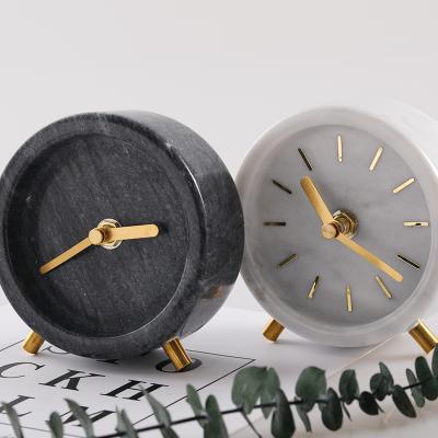 China Derect /White Table Clock Antique Style Factory Popular Black Decorative White Stone Marble Desk Small Clock for sale