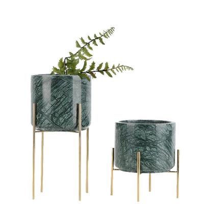 China Casual Luxury Green Marble Home Accessories Decoration with Gold Metal Base for Living Room Bed Room Dining Room Marble Vase for sale