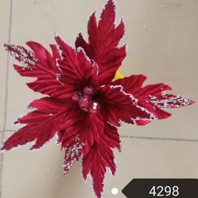 China Fashional Artificial Flower Decoration Velvet Poinsettia Flower Stem With Glitter Christmas Floral Decoration for sale