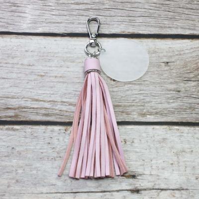 China Bohemia Monogram Keychains White Tassel Clear Acrylic Soft Faux Leather Dangle Disc Key Rings Key Rings for sale