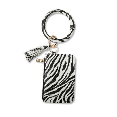 China Key Chain Leather Key Ring Wristband With Wallet Key Chain Card Holder Tassel Bracelet Leopard Key Chain Bracelet Credit Card Holder Large for sale