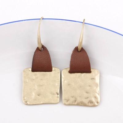 China FASHIONABLE Hammered Alloy Leather Geometric Connector Dangle Drop Earrings For Women Fashion Jewelry Custom Made for sale