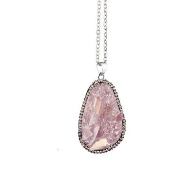 China TRENDY Pave Natural Stone Pink Island Topaz Long Chain Pendant Necklaces Rock Crystals Quartz River For Women for sale