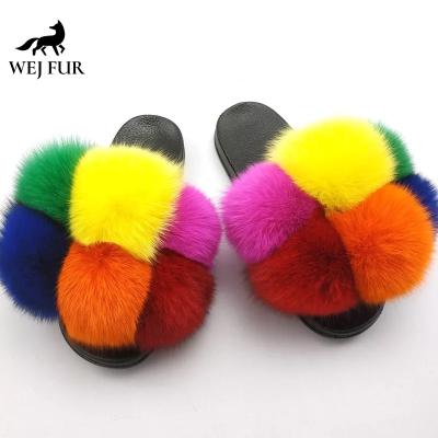 China Good Quality PVC Fox Fur Sole Fox Fur Slippers Light Weight Wholesale Colorful Sandals Ladies Pom Pom Slippers for sale