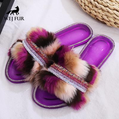 China 2021 New Summer Ladies Light Soft Plush Home Slippers Ladies Sandals Flat Artificial Fur for sale