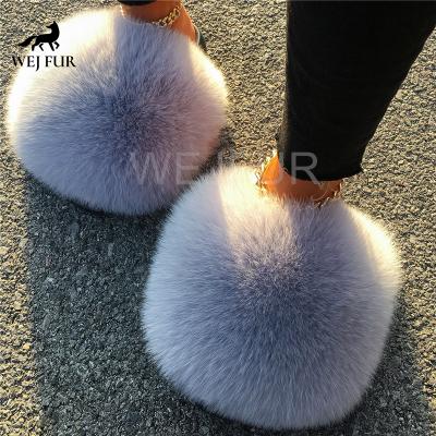 China Custom Wholesale Lightweight Winter Women Warm Flat Brown Fur Slides Big Fluffy Sandals Faux Fur Slippers for sale