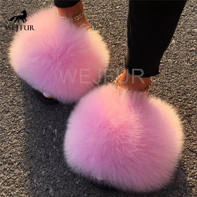 China 2021 Wholesale Fashion Warm Flat Fluffy Fur Fur Lightweight Big Full Slips Soft Sandals Fox Fur Bedroom Slippers For Women for sale