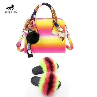 China Sets 2021 Design Fashion Black Handbag Fur Slippers And Purse Wholesale Lightweight Cheap Handbags And Slippers for sale