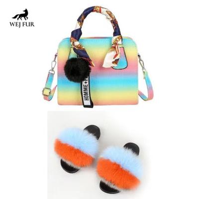 China 2021 New Arrivals Lightweight Women's Purses With Matching Furry Slippers With Bag With Real Fox Fur Slippers for sale