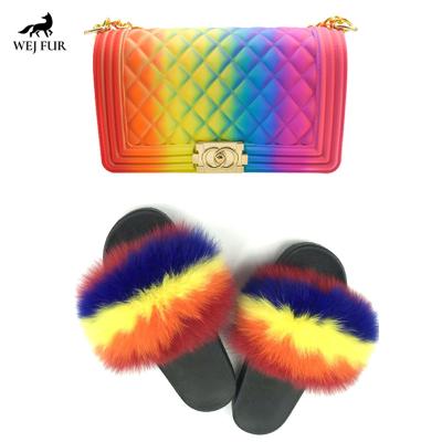 China 2021 Fashion Light Weight Winter Women's Fox Slippers Jelly Bag Genuine Leather Fluffy Jelly Bag Set for sale