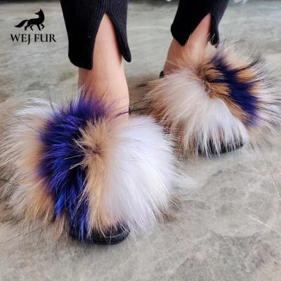 China Latest Large Raccoon Fur Slippers Wholesale Lightweight Furry Fur Slippers Soft Raccoon Fur Slides for sale