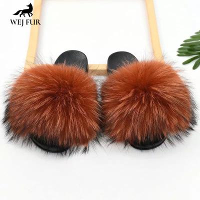 China New Design Lightweight Fashion Fox Raccoon Fur Soft Fluffy Slipper Slips Brown Colored Fur Slides for sale