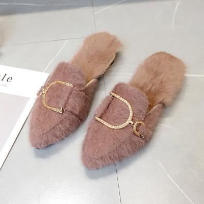 China New autumn 2021 lightweight flat-bottomed pointed half slippers and velvet cotton shoes warm shoes for sale