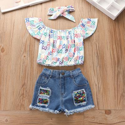 China European and American washable girls' summer clothing sweater one shoulder, denim shorts set for sale