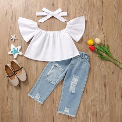 China Summer washable girls set white top with set perforated jeans fashion trend girls wear for sale