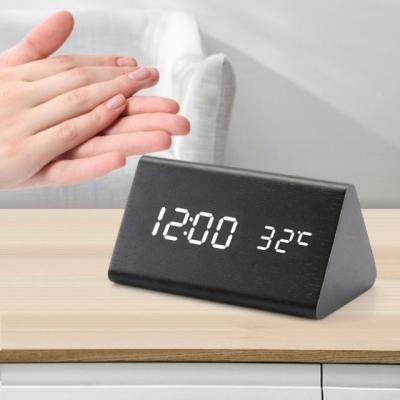 China Japan Style Triangle Wooden Digital Alarm Clock, Led Wooden Digital Pendulum, Time Date Temperature Warm Radiance Humidity Table Clock for sale