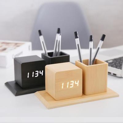 China CLASSIC Office Gifts Digital Temperature LED Digital Alarm Clock Calendar Table Pen Holder Wooden Clock for sale