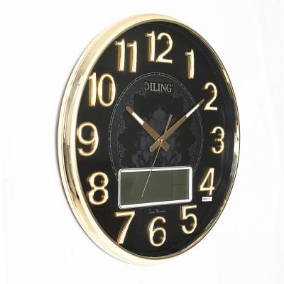 China Class Large Round Shape 3d Wall Clock Luxury Modern Dial Finger Pendulum Plastic DILING Gold Calendar Quiet Wall Clock With Date Day for sale