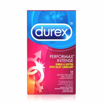 China Condoms, Ultra Fine, Ribbed, Dotted with Delay Lubricant, Durex Performax Intense Natural Rubber Latex Condoms, 12 Count for sale