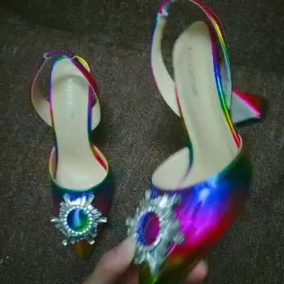 China Fashion trend 2022 summer luxury fashion plus size 42 trend Amazon rhinestone sunflower tumbler colored high heel women sandal for sale