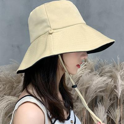 China Reversible Wide Brim Sun Fisherman Cotton Embroidery Dobby Bucket Hat White Bilateral Windproof Fisherman Hats With String for sale