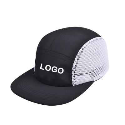 China Customized cheap mesh JOINT five panel gorras running logo flat back bill hat white snap 5 panel trucker hat for sale