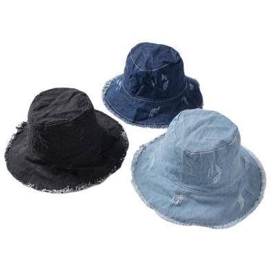 China Image Summer Women Fashion Sun Hat Wide Brim Beach Distressed Vintage Lattice Denim Fishermen Bucket Hat for sale