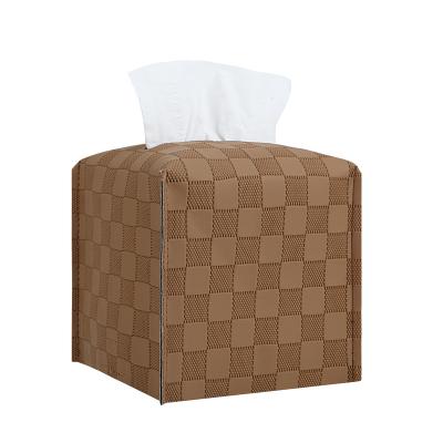 China New Faux Grid Fabric Bathroom Tissue Box Holder Home Square Durable Leather Facial Box Lid Holders Light Brown for sale