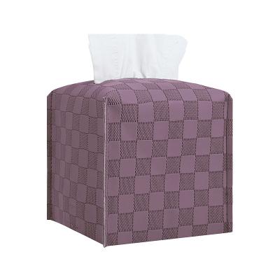 China Home Decor Taro Purple Color Grid Faux Fashion Goods 2023 Tissue Box Holder Bathroom Square Leather Box Lid for sale