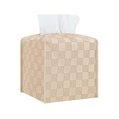 China Durable Square Leather Grid Khaki Stylish Bathroom Tissue Box Lid Holder Tissue Box PU Home Decor for sale