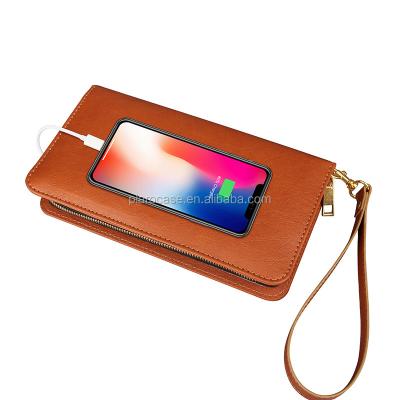 China Custom RFID Women Lady Leather Power Bank Wallet With Clutch Chains for sale