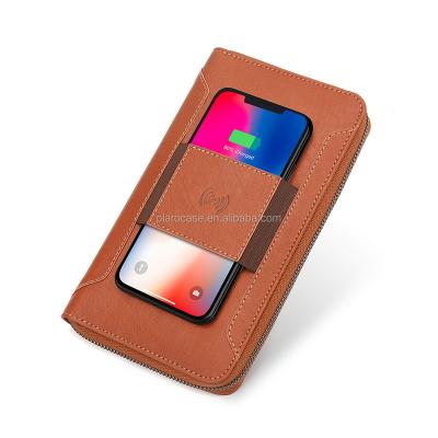 China Charger and Power Bank Men Women Business Passport Business Card Long RFID Leather Wallet Wireless Charging PU Holder with Power Bank for sale