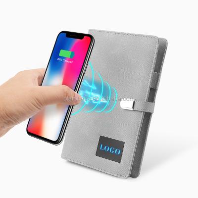 China PU A5 Magnetic Wireless Charging Leather Organizer with Power Bank USB LED Logo for sale