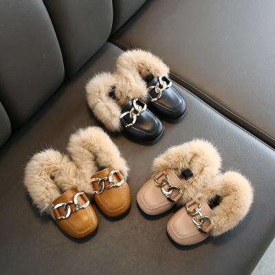 China Winter Fashion Toddler Kids Shoes Warm Lit Children's Shoes Princess Square Head Leather Plush Fur Toddler Girl's Shoes for sale