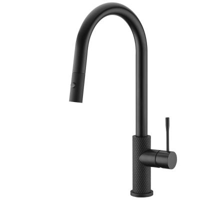 China Pull Out Luxury Spray Water Faucet 2022 Modern Commercial Black Brass Knurled Kitchen Faucets Pull Down To Pull Out Adjustable for sale