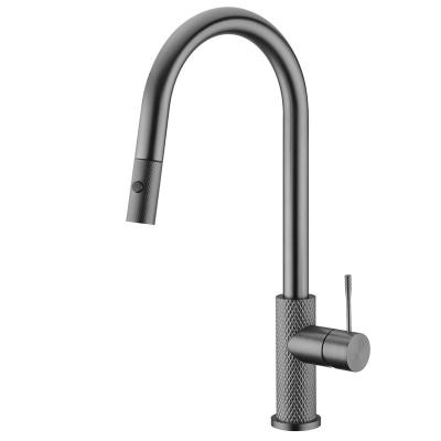 China Metered Faucets 2022 Brass Graphite Gray Sprayer High Quality L Shape Modern Knurling Kitchen Faucets Step Down To Pull Out for sale