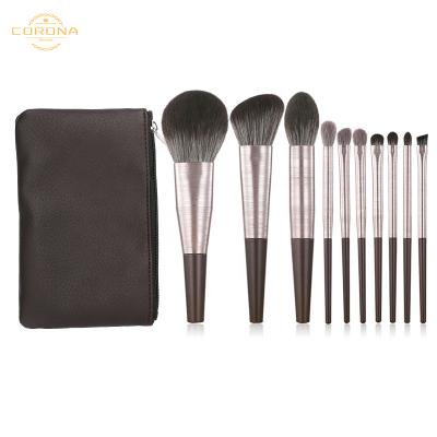 China Angular Blush Wholesale Pretty Goat Hair 10pcs Luxury Makeup Set Brush Black Soft Wooden Handle Premium Makeup Set With Bag for sale