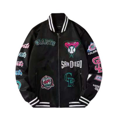 China Custom Designer News Printed Polyester Embroidery Logo Satin Bomber Jacket Oversize Casual Zip Up Breathable Wholesale College Jackets for sale