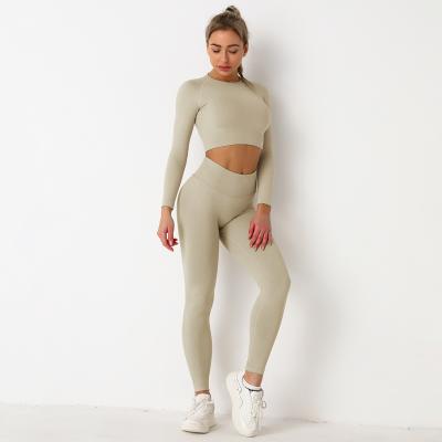 China 2021 2Pieces Solid Color Breathable Seamless Yoga Sets Fitness GYM Women Long Sleeve Tops With High Waist Yoga Leggings for sale