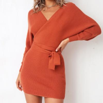 China Latest Style Breathable Custom Wholesale V-Neck Long Sleeve Ladies Knit Dress for sale