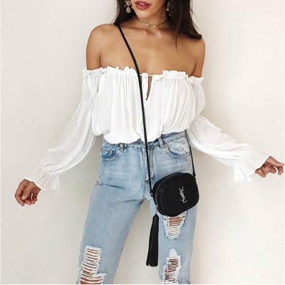 China Sexy Breathable Off The Shoulder Solid Long Sleeve Women's Casual Chiffon Full Sleeve Blouses for sale